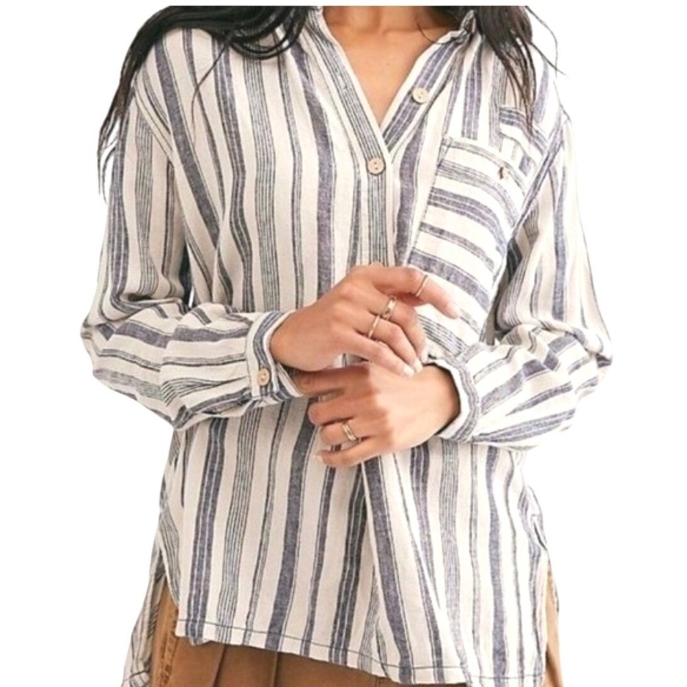 Free People Summer Breeze Linen Blend Stripe Oversized Shirt Top Beach Bohemian
